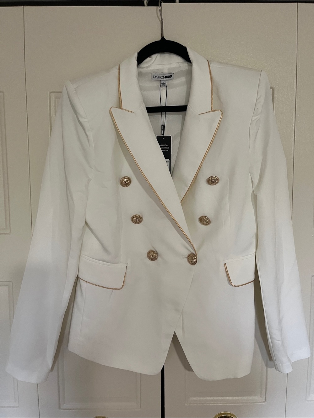 Fashion Nova White Double-Breasted Blazer with Gold Trim